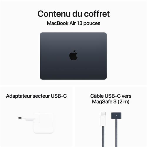 Apple MacBook Air 13,6" 256Go SSD 8Go RAM Puce M3 CPU 8 cœurs GPU 8 cœurs Minuit